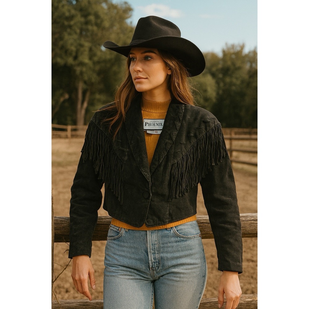 Phoenix U.S.A. Pig Split Leather  Jacket SZ Small Western Fringe Y2K Yellowstone